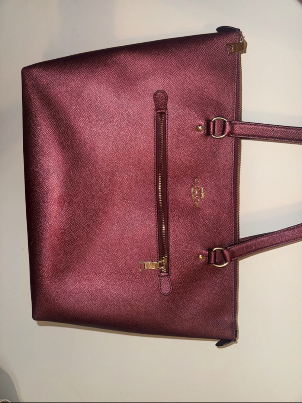 Coach Metallic Burgundy Tote with Gold Hardware